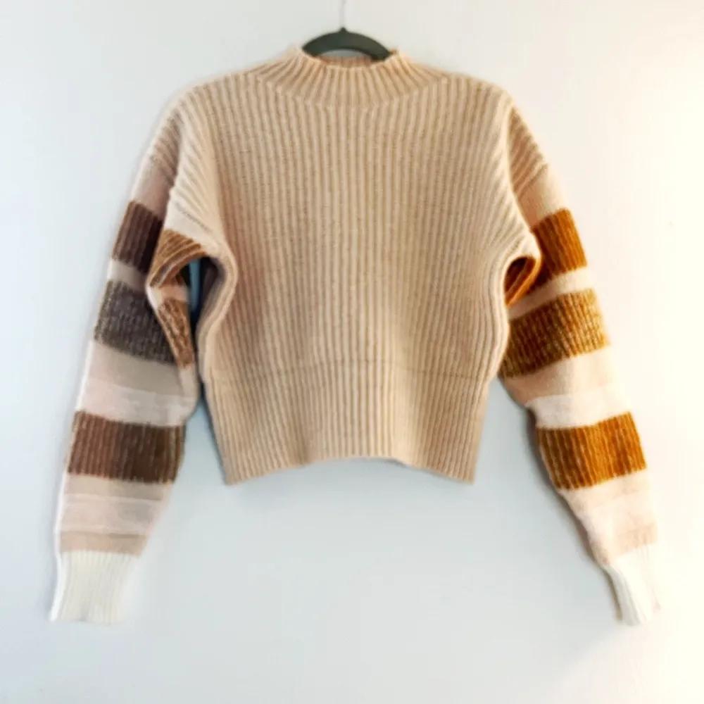 Topshop Sweater Beige Tan Stripe Sleeves Ribbed Crewneck Sweater Sz 0/2 (US) EUC - Image 5