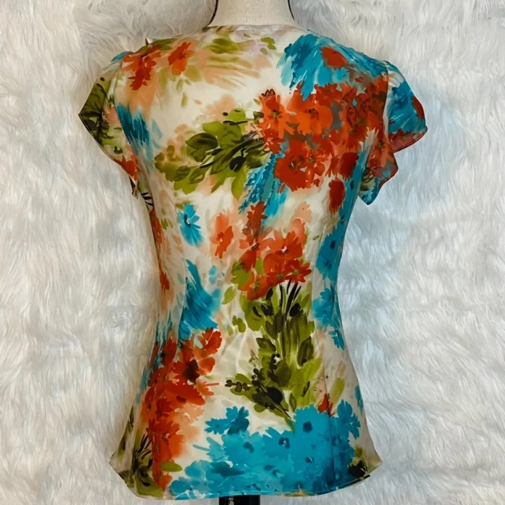 Sunny Leigh Blouse Floral Print Ruffled Neckline Flutter Sleeve Size Small - Image 3