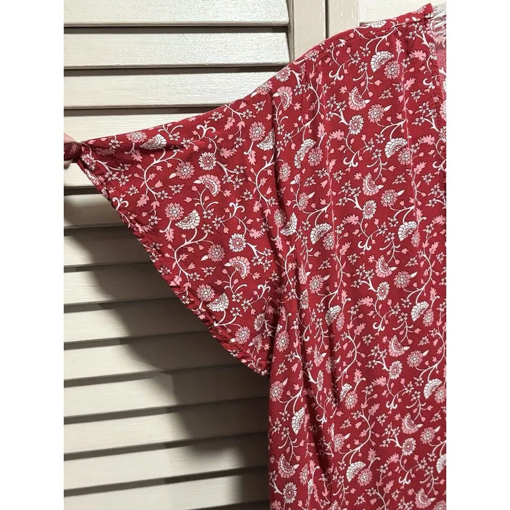 Unbranded Red/Pink/White Floral Short Flutter Sleeve Duster Size L Long Tie Pink Size L - Image 4