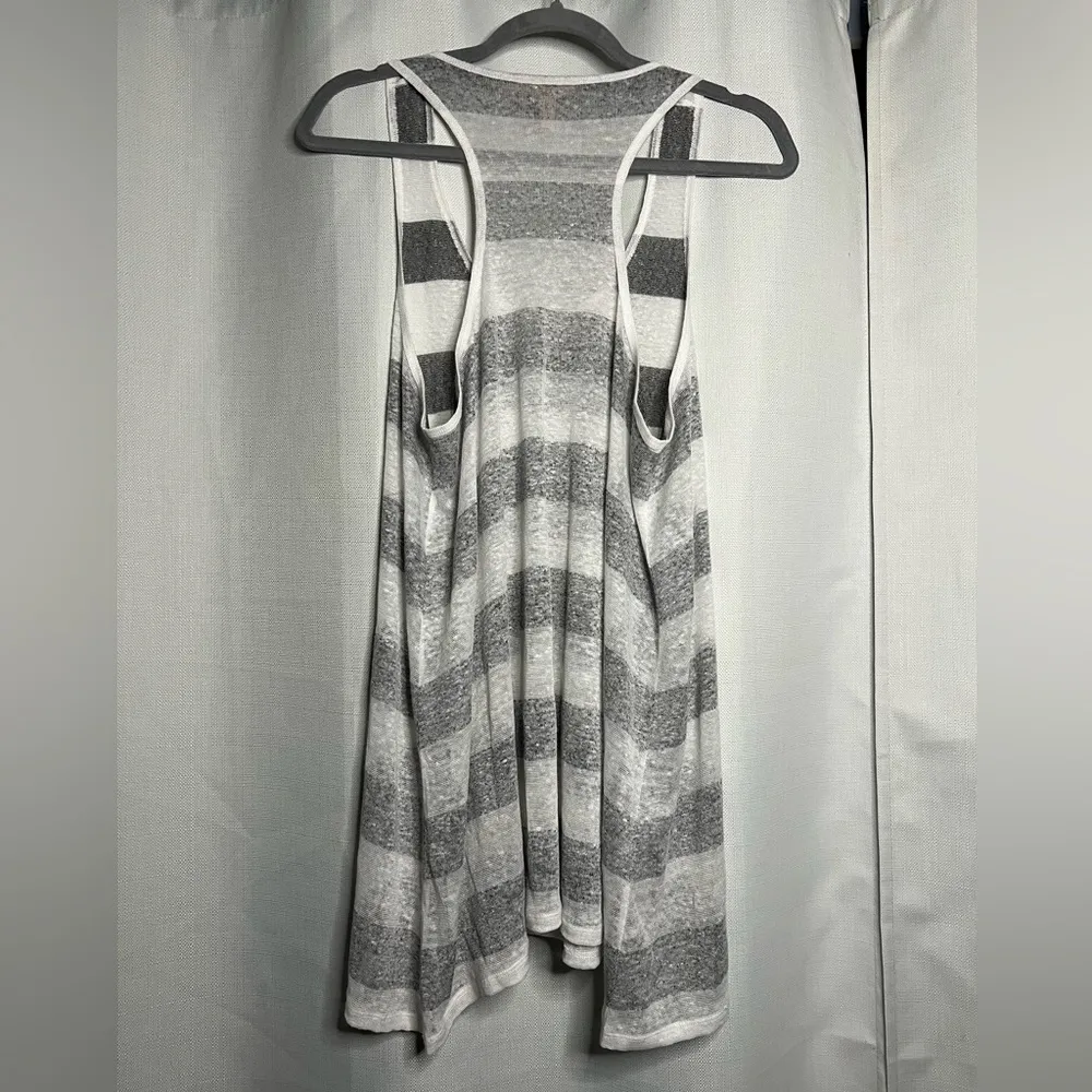 EILEEN FISHER White and Grey Organic Linen Stripe Knit Racerback Long Tank XS - Image 3