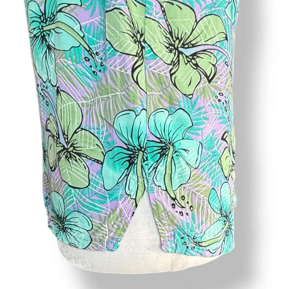 Vintage 90s Maui Beach Hawaii Tank Top Medium Rayon Camisole Purple Green Floral Blue - Image 3