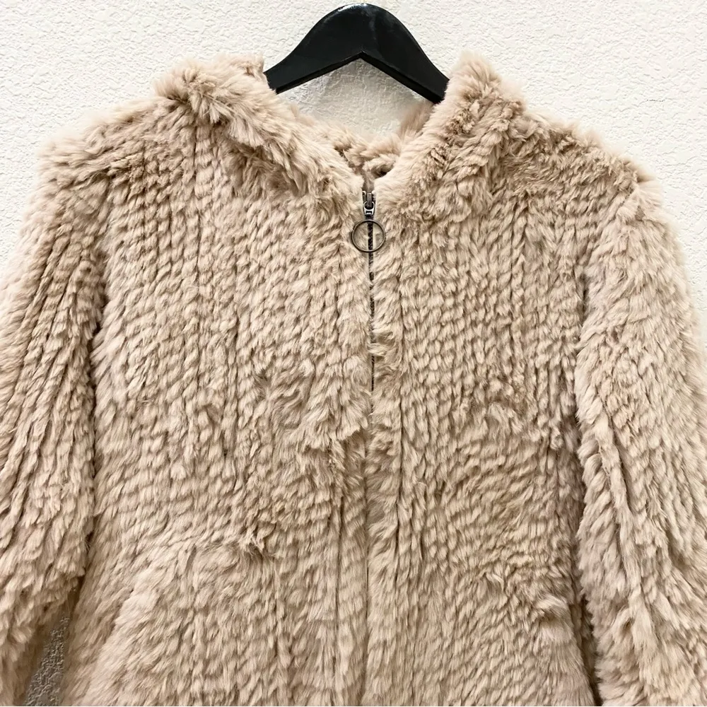 LANDAU Real Rabbit Fur Beige Mid-length Full Zip Hooded Coat Size S - Image 10