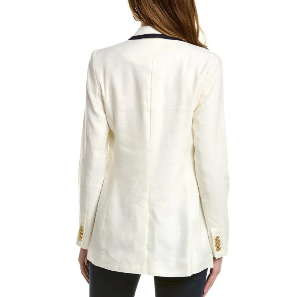 Court & Rowe Contrast Tipped Blazer Women's 10 Eccru Linen Jacket Office Career Blue - Image 2