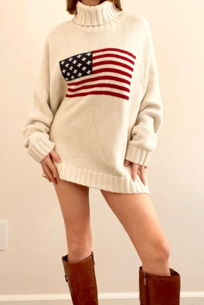 Vintage Coldwater Creek 100% Cotton American Flag Turtleneck Sweater Red Size XL - Image 1