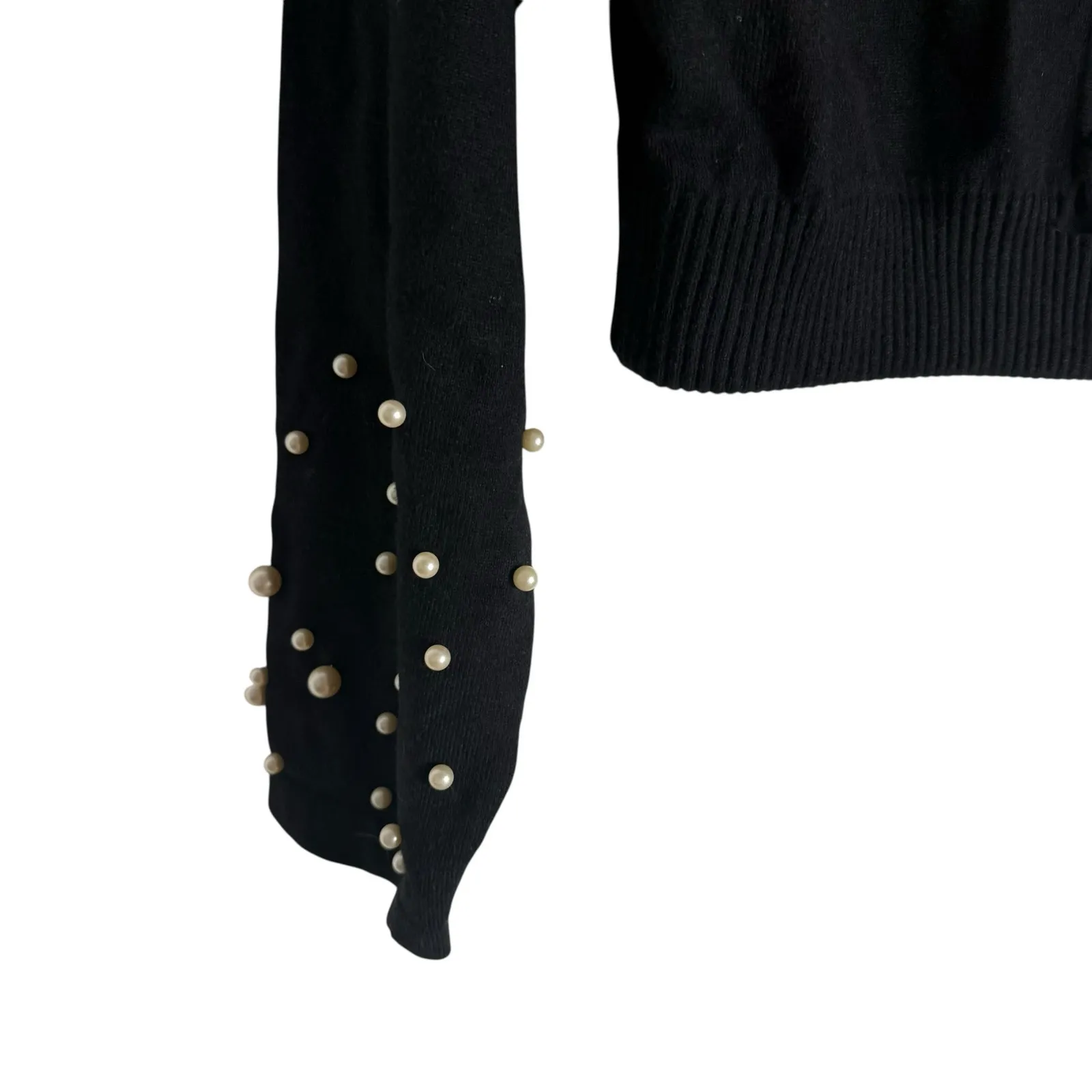 Zara Black Cropped Pearl Embellished Hooded Knit Sweater Size Small - Image 7