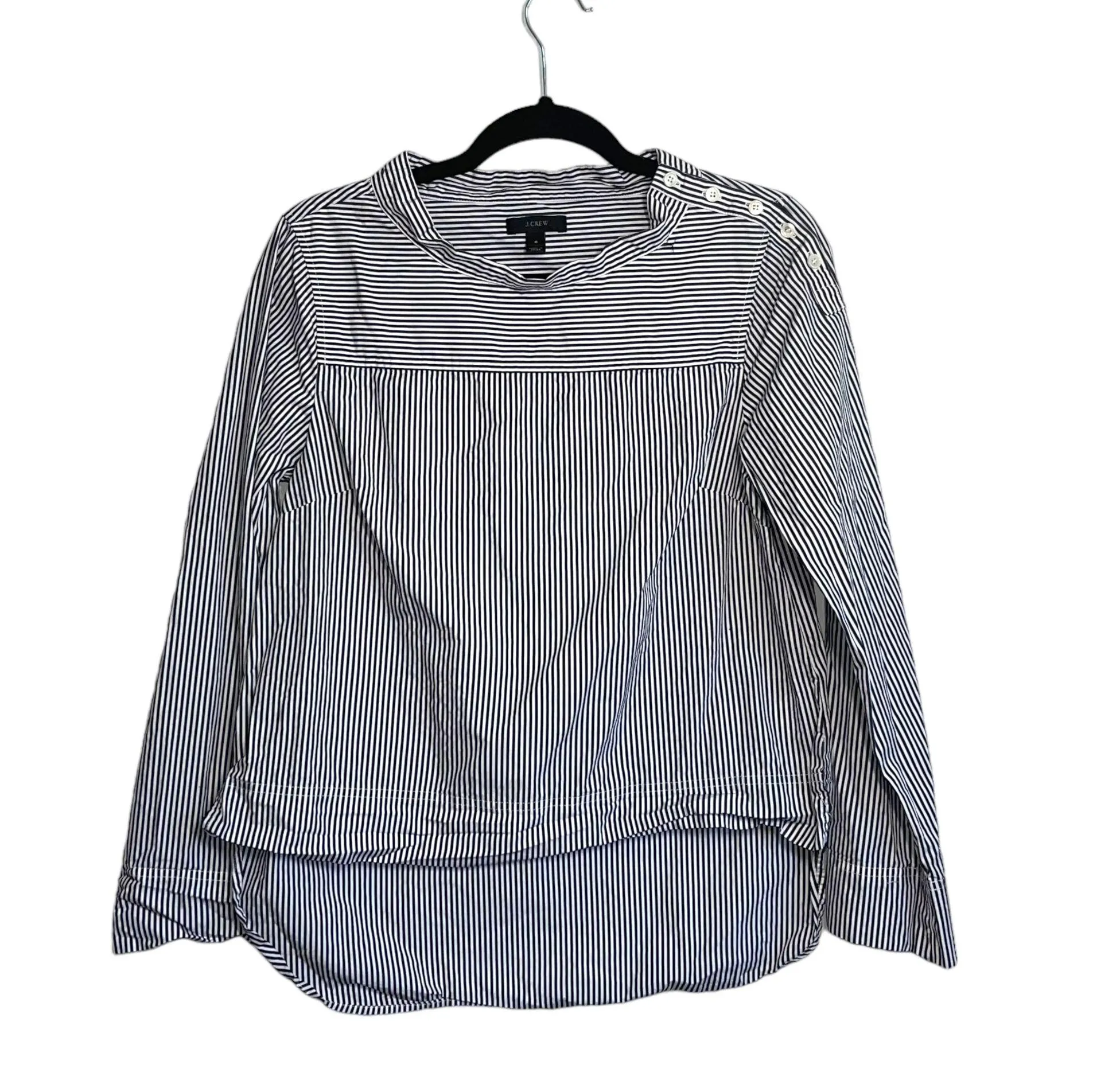 J. Crew 100% Cotton Navy Blue & White Striped Funnel Button Neck Top - Image 2