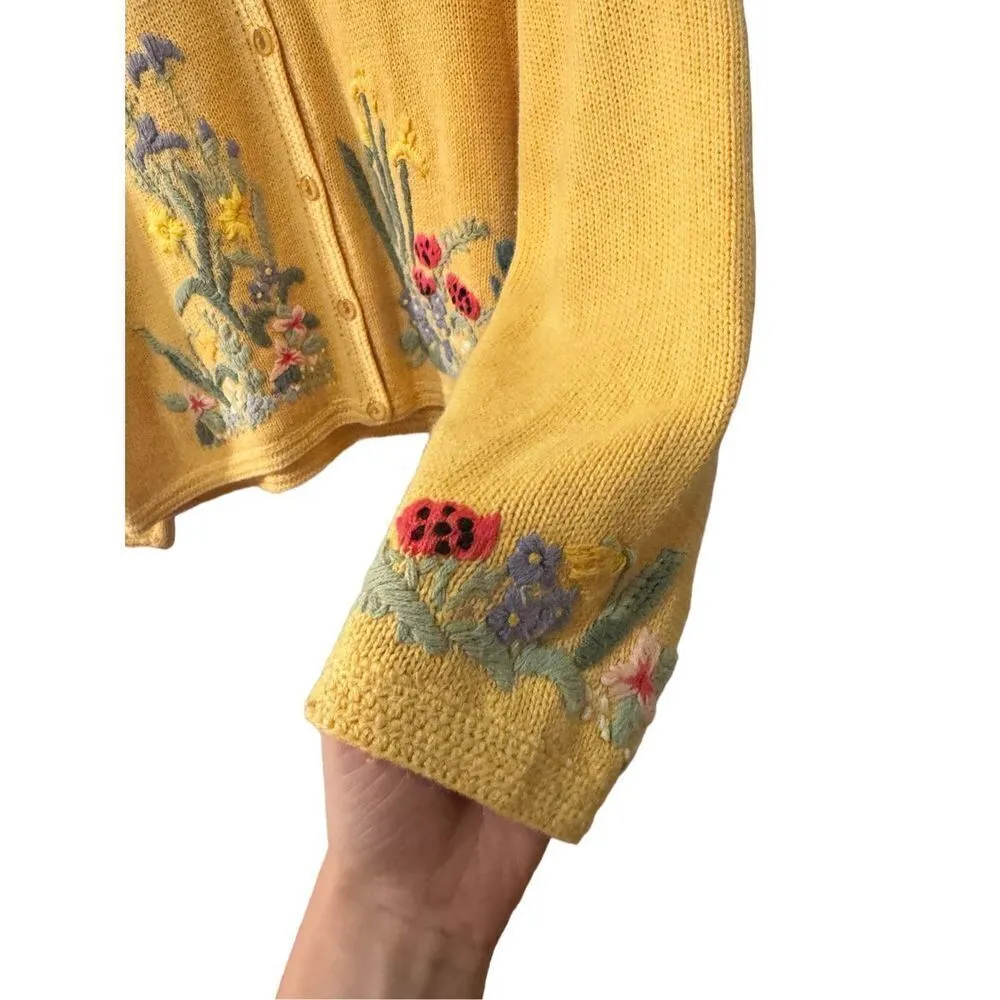 Vintage orvis Cottagecore floral embroidered lemon cardigan sz L - Image 3