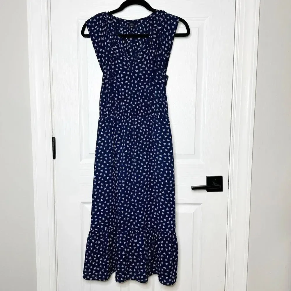 J. CREW Navy Midi Dress Navy White Dragonfly‎ Cap Sleeve Size XS - Image 3