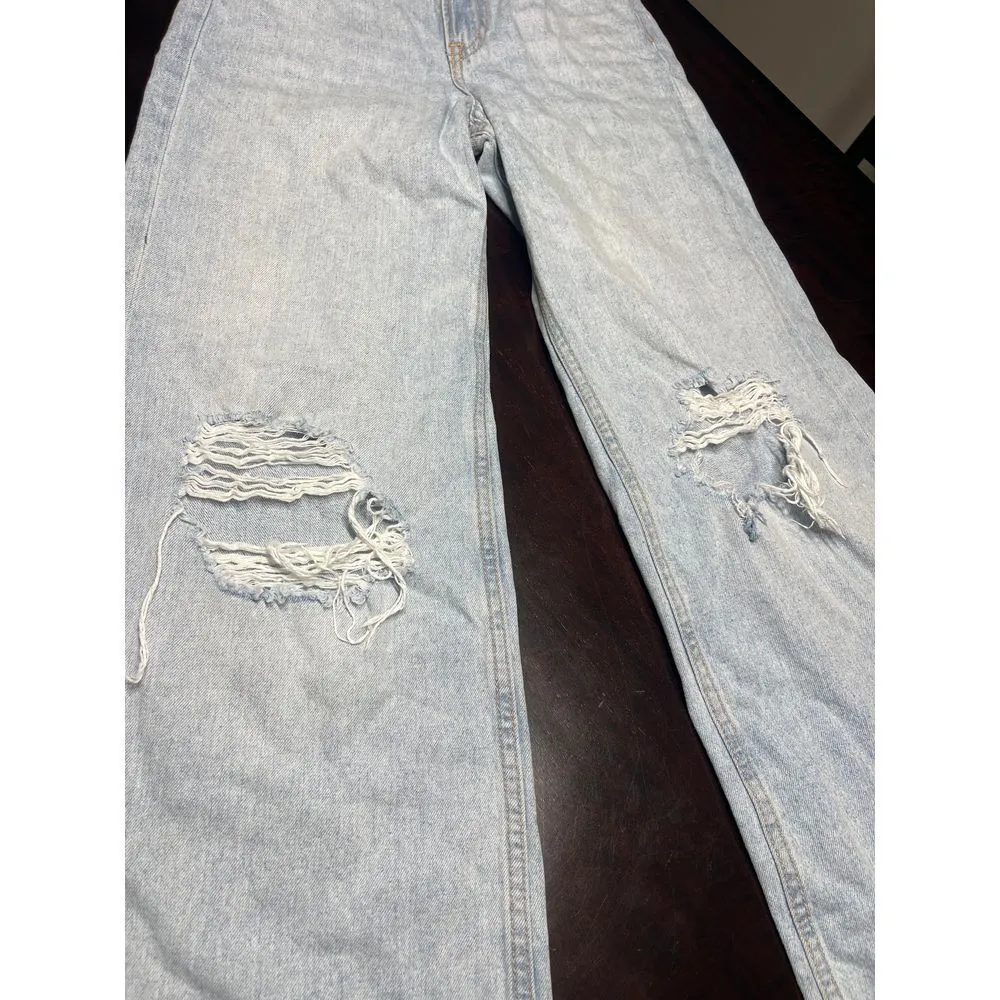Vintage Light Wash‎ Distressed Wide Leg Jeans Retro Y2K Denim Pants T-11 - Image 4