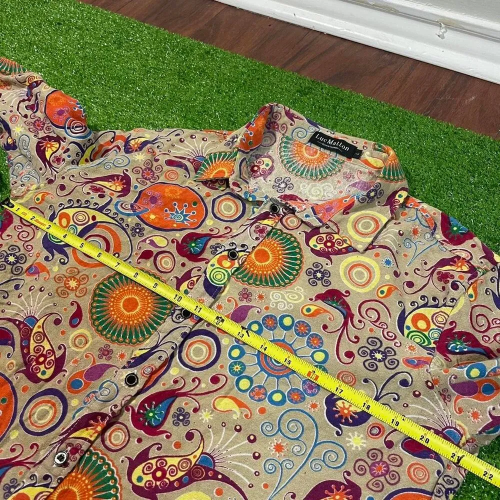 Luc Matton Women L Groovy Artsy Paisley Colorful Long Sleeve Cotton Button Up‎ Red Size L - Image 2