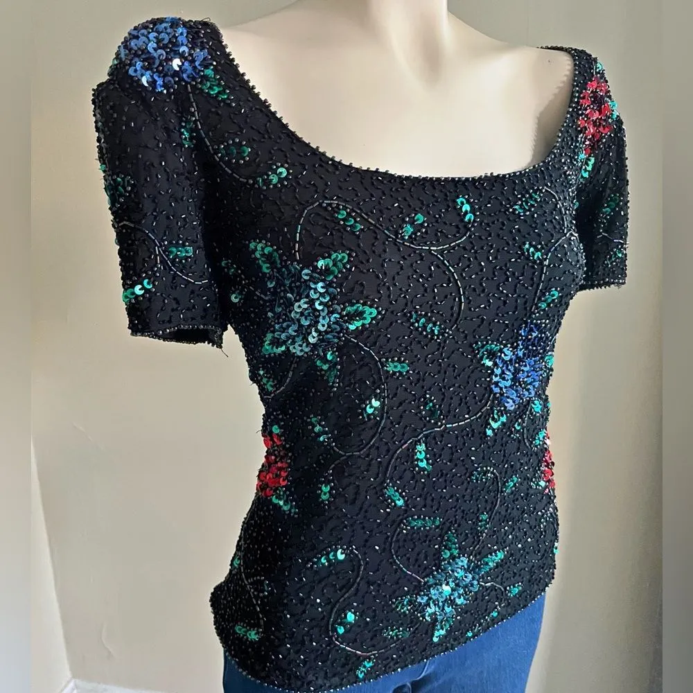 Vintage Brilliante Beaded Sequin Party Top M–L Black Floral Scoop Neck 80’s Size M - Image 11