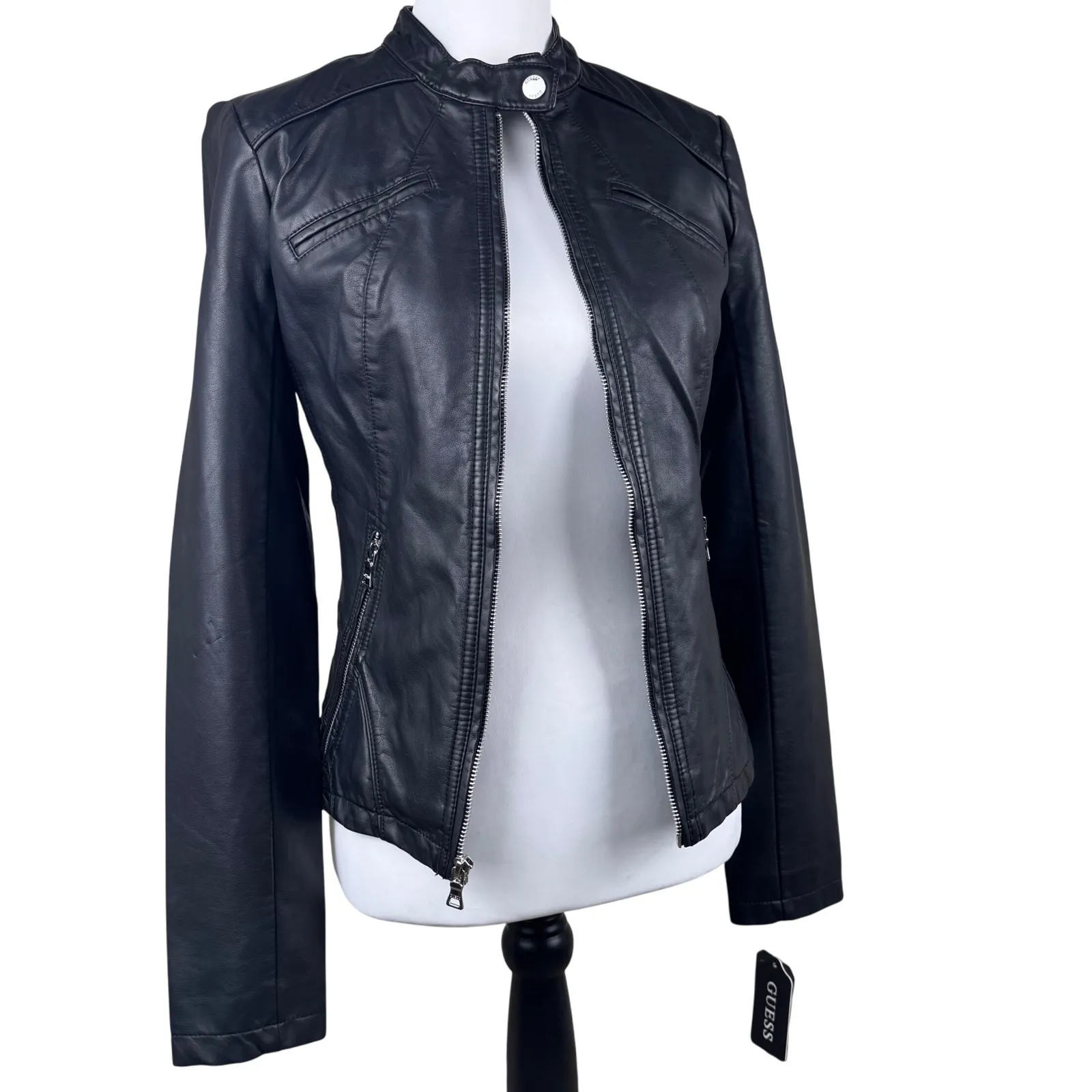 NWT GUESS Black Faux Leather Touch Moto Biker Women's Jacket Size XS - Image 4