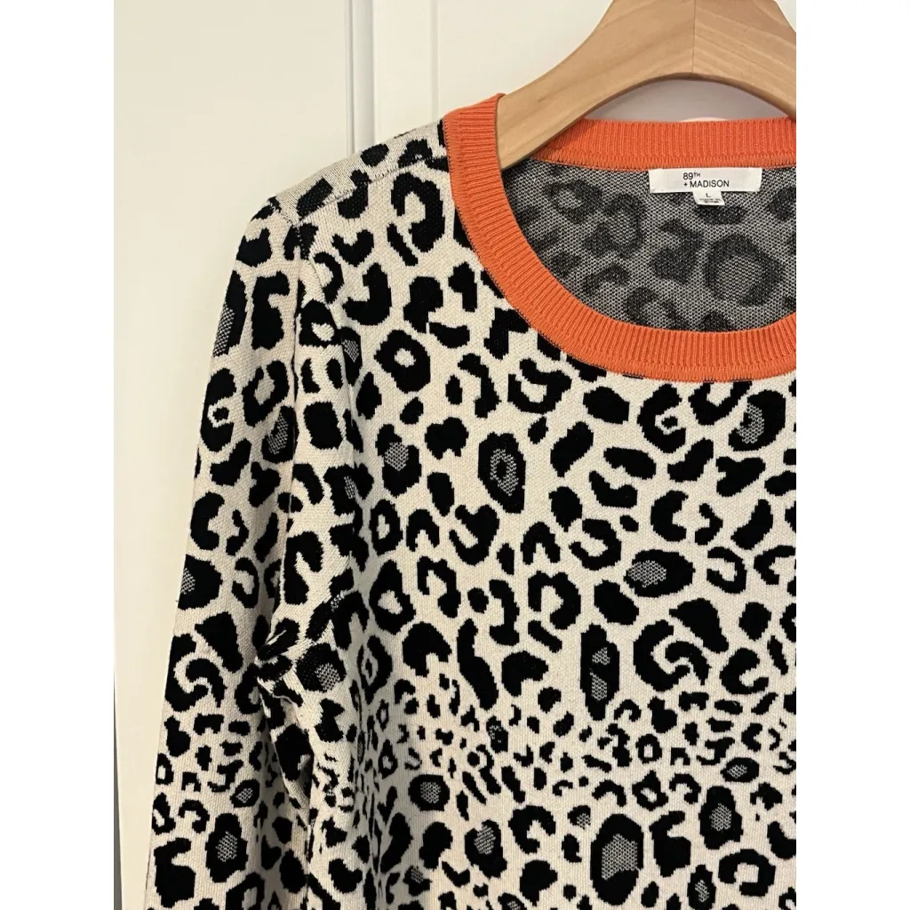 89th + Madison Sweater Womens Size Large Leopard Print Orange Trim Crew Neck Top White - Image 2