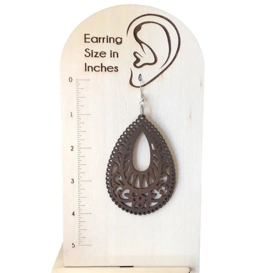Neutral Bohemian Lightweight Wooden Laser Cut Tear Drop French Wire Earrings Brown - Image 5