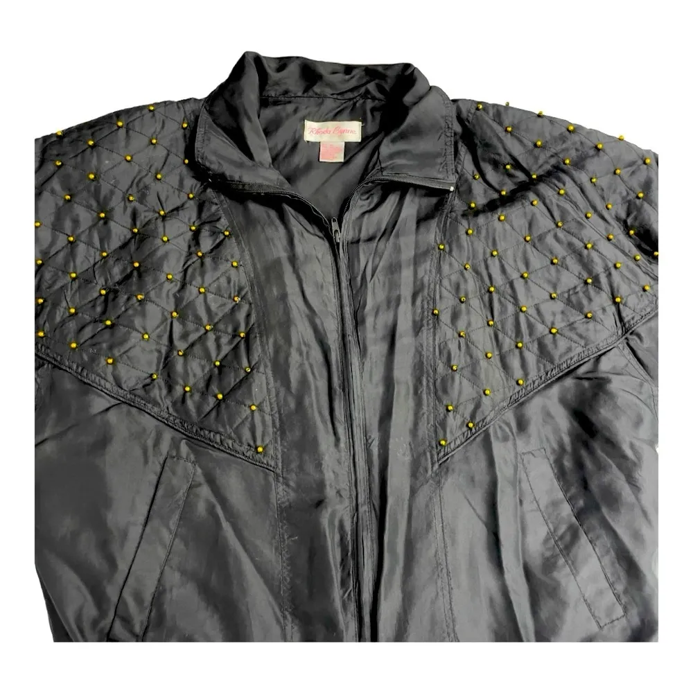 Vintage Rhoda Lynne Black Silk Gold Beaded Track Jacket Jogger Warmup size M Size M - Image 5