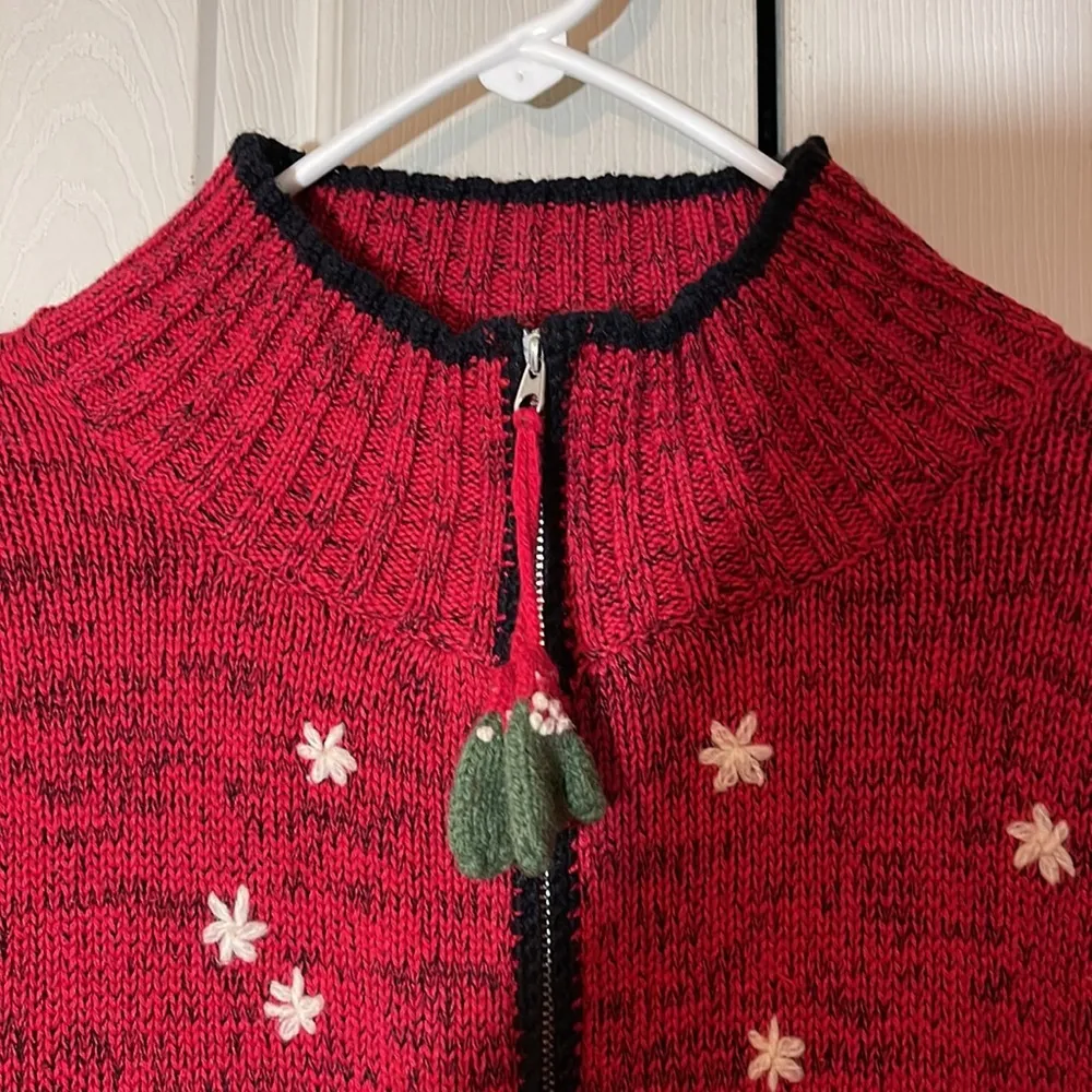 Coldwater Creek Red Knit Ugly Holiday Sweater Cardigan Winter Activities Medium - Image 3
