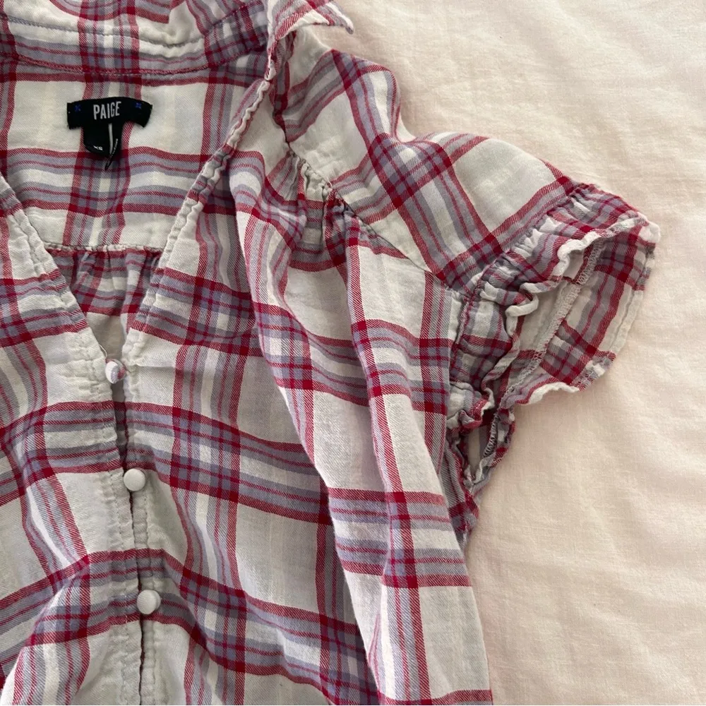 Paige Kieran plaid red white ruffle flutter sleeve button tie waist top XS - Image 6