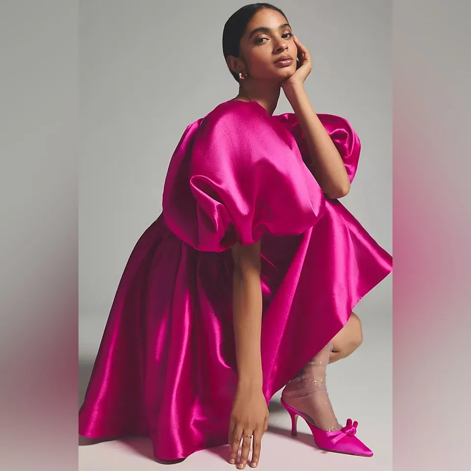 Aureta Vibrant Pink Puff Sleeve Mini Dress Valentine’s Day - Image 2