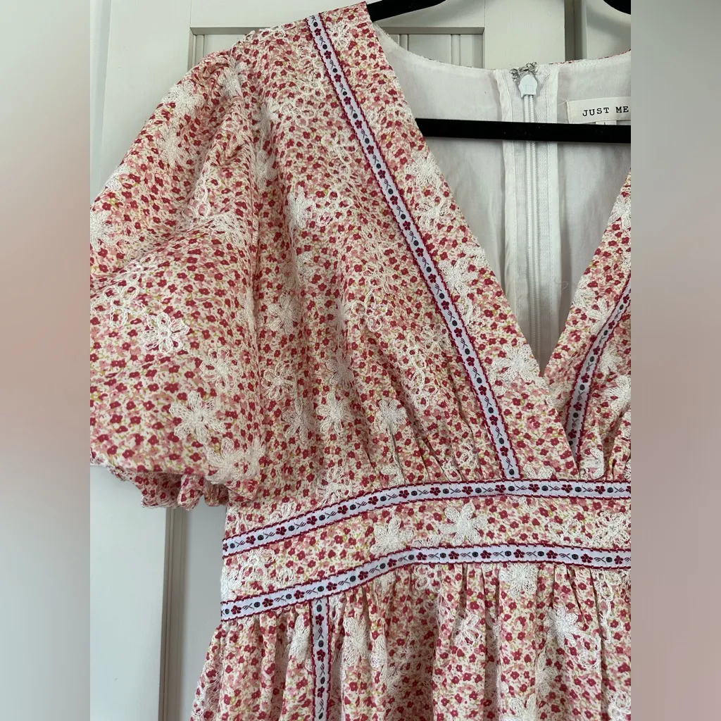 Just Me Floral Maxi Dress Red White Embroidered Boho Prairie Style Size Large - Image 3