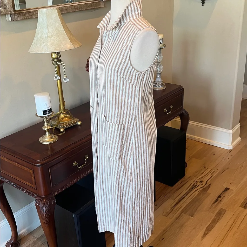 Comfy Cotton Tan White Striped Shirt Dress New Midi Size XS - Image 6