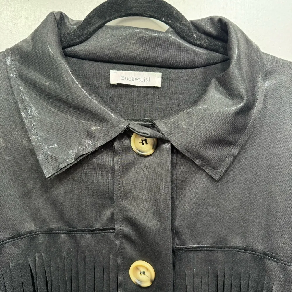Bucketlist Shiny Black Western Button Front Shirt Jacket with Fringe Large - Image 14