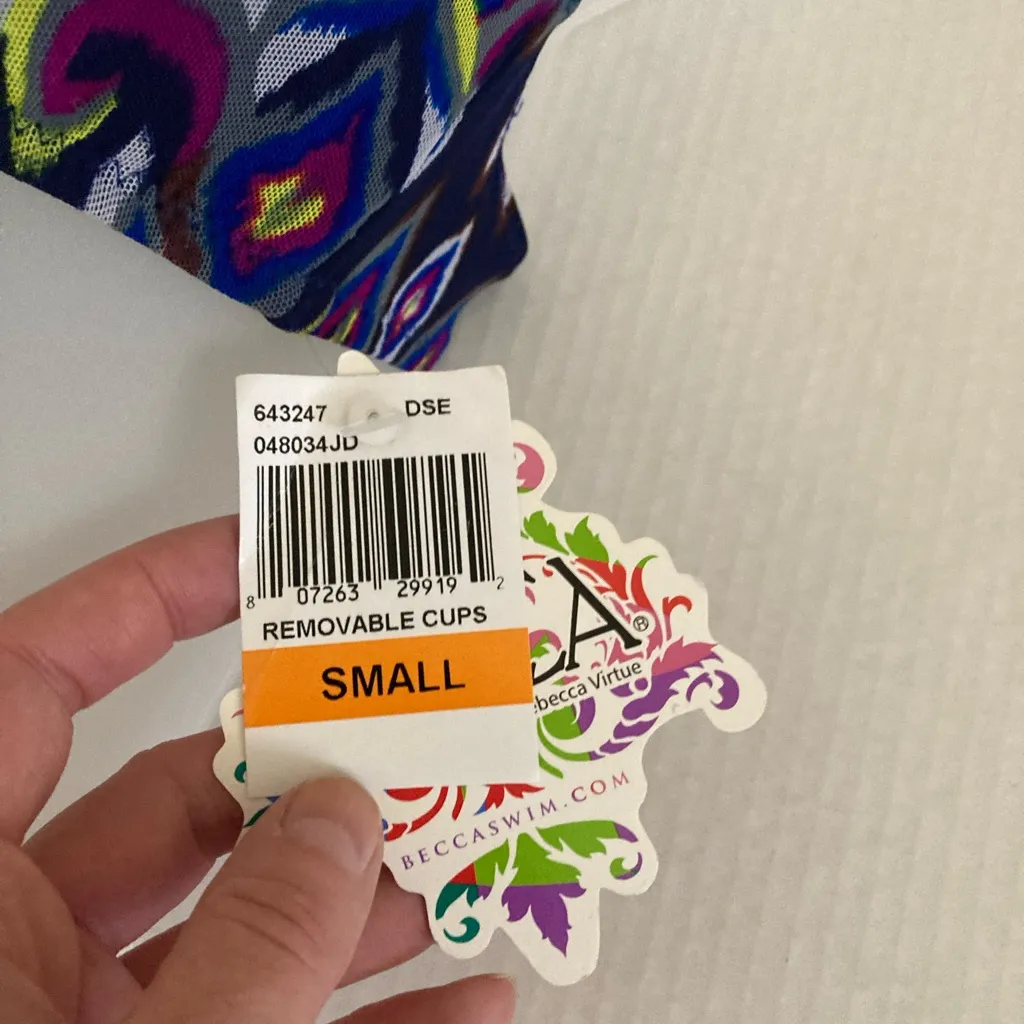 Becca Navy Multicolor Abstract Pattern Mesh Bralette with Fringe Bikini - Image 4