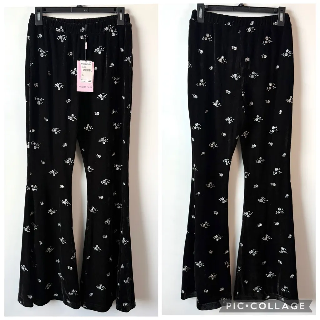 Avec Les‎ Filles Floral Embroidered Velvet Flare Pants Black Silver S - Image 3