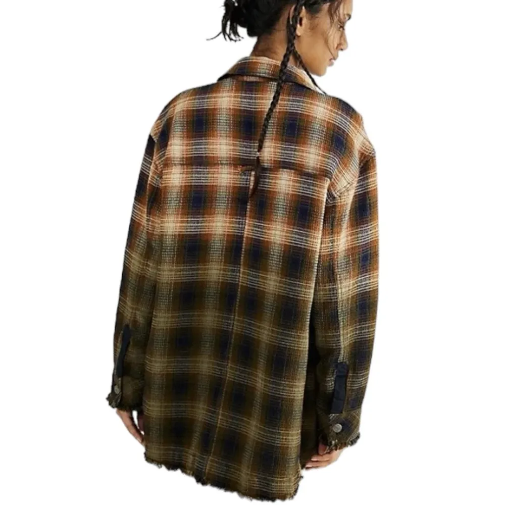 NEW Free People Navy Tobacco Ombre Plaid Anneli Button Down Shacket Top - Image 5