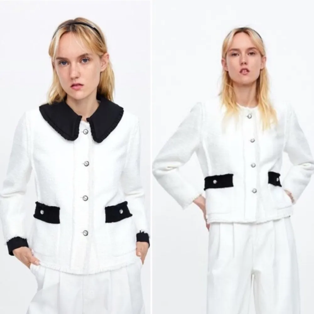 ZARA Tweed Weave Blazer Jacket W/ Bejeweled Buttons White NEW - Image 8