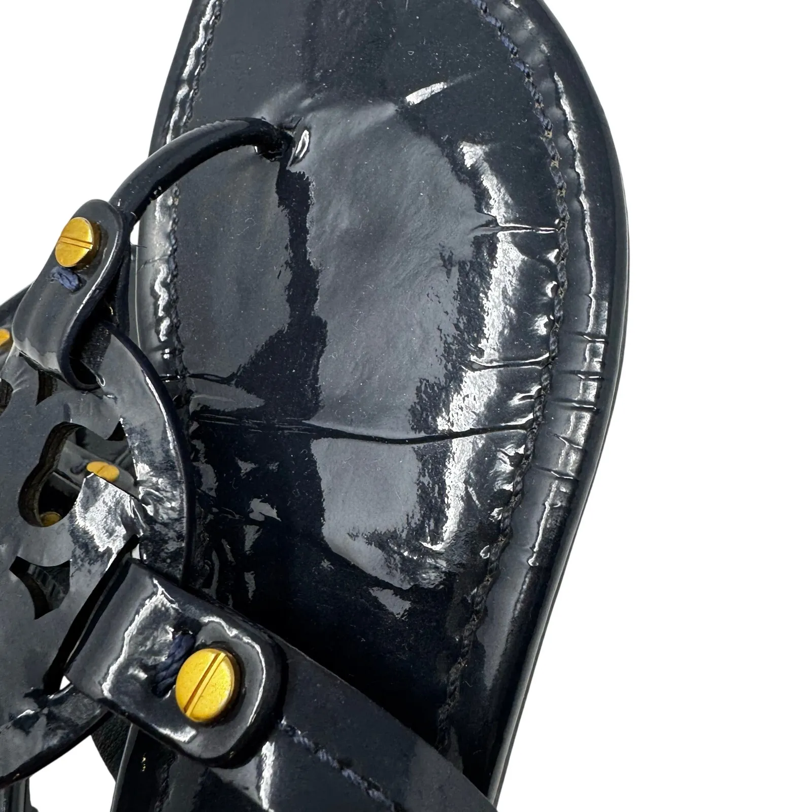 TORY BURCH Perfect Navy Blue Patent Leather Miller Classic Logo Sandals Size 7 - Image 9