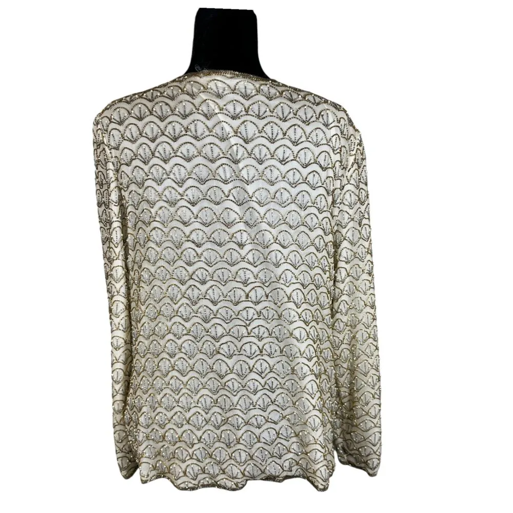 Scala Cream Gold Beaded Silk Layer Jacket Topper Size L/XL - Image 2