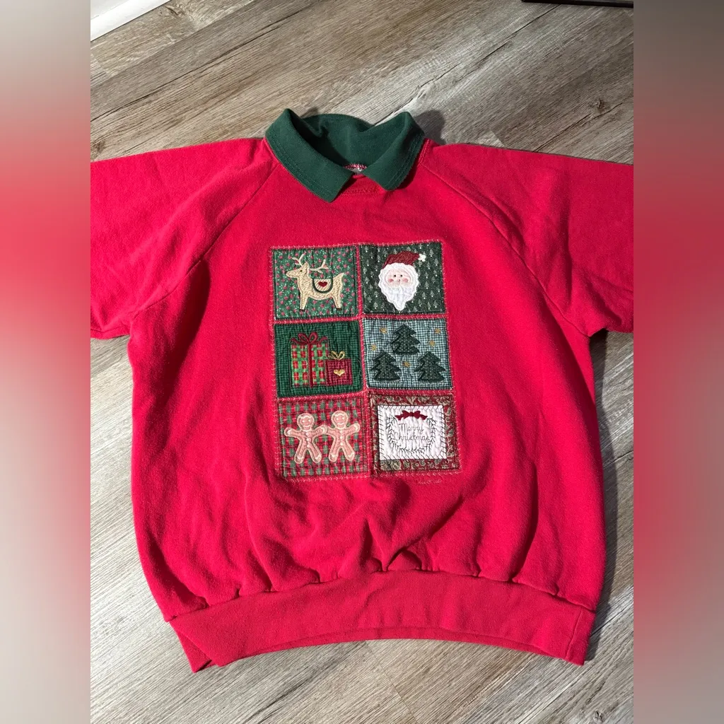 VTG Valorie Folk Art Christmas Sweatshirt Embroidered Gingerbread Red Green S M Size M - Image 2