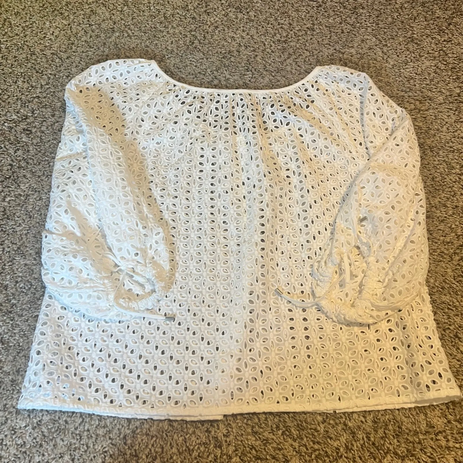 White House | Black Market  Eyelet Embroider Cotton Blouse 3/4 Sleeve Boat Neck XL - Image 7