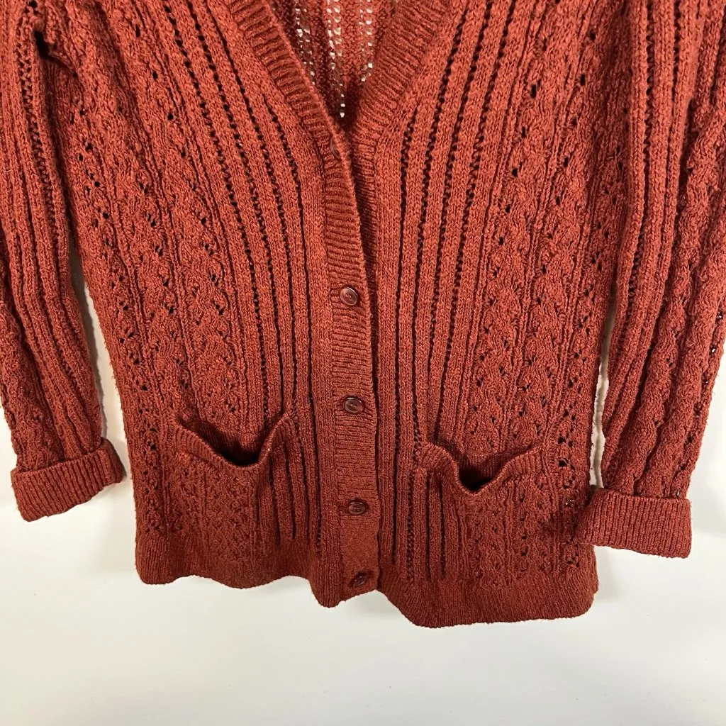 Garnet Hill Women's Organic Cotton Boyfriend‎ Cardigan Red Open Weave Size Small - Image 3