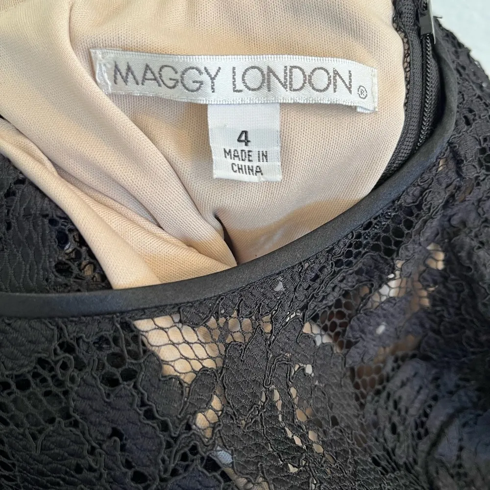 Maggy London Black Lace Illusion Midi Cocktail Dress 4 - Image 4