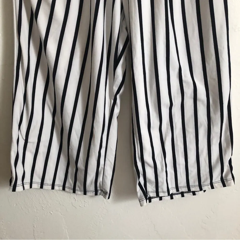 J For Justify Strapless Pockets Black and White Striped Wide Leg Romper Jumpsuit - Image 2