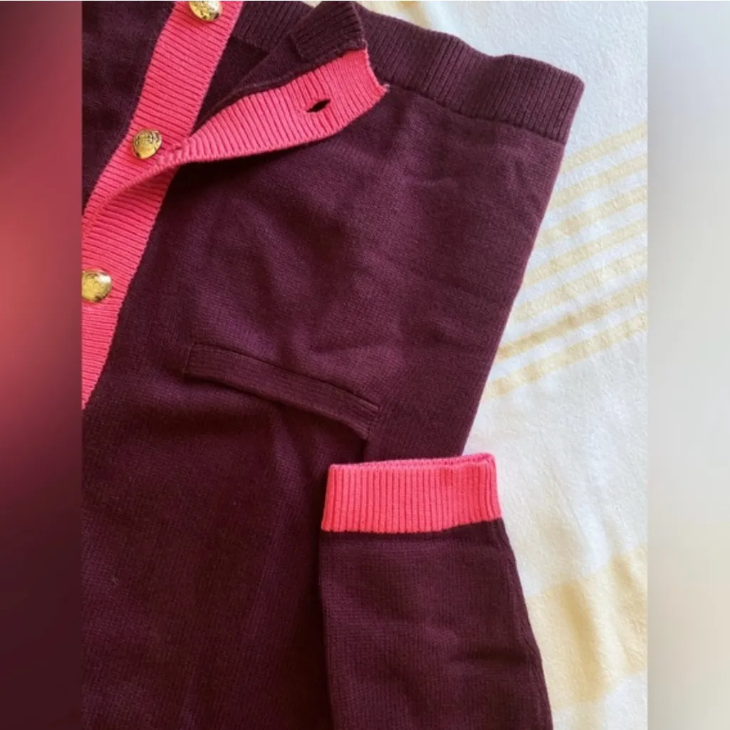 Women's Medium Talbots Tipped V-Neck Preppy Burgundy Pink Cardigan Sweater Class - Image 9