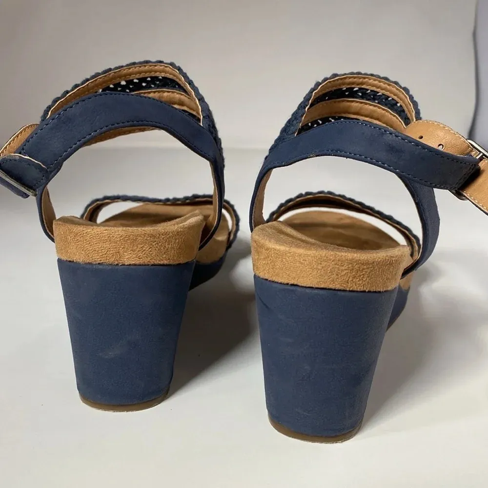 Lucky Brand Crochet Wedge Sandals Navy Blue Leather Woven Crochet Size‎ 8.5 - Image 7