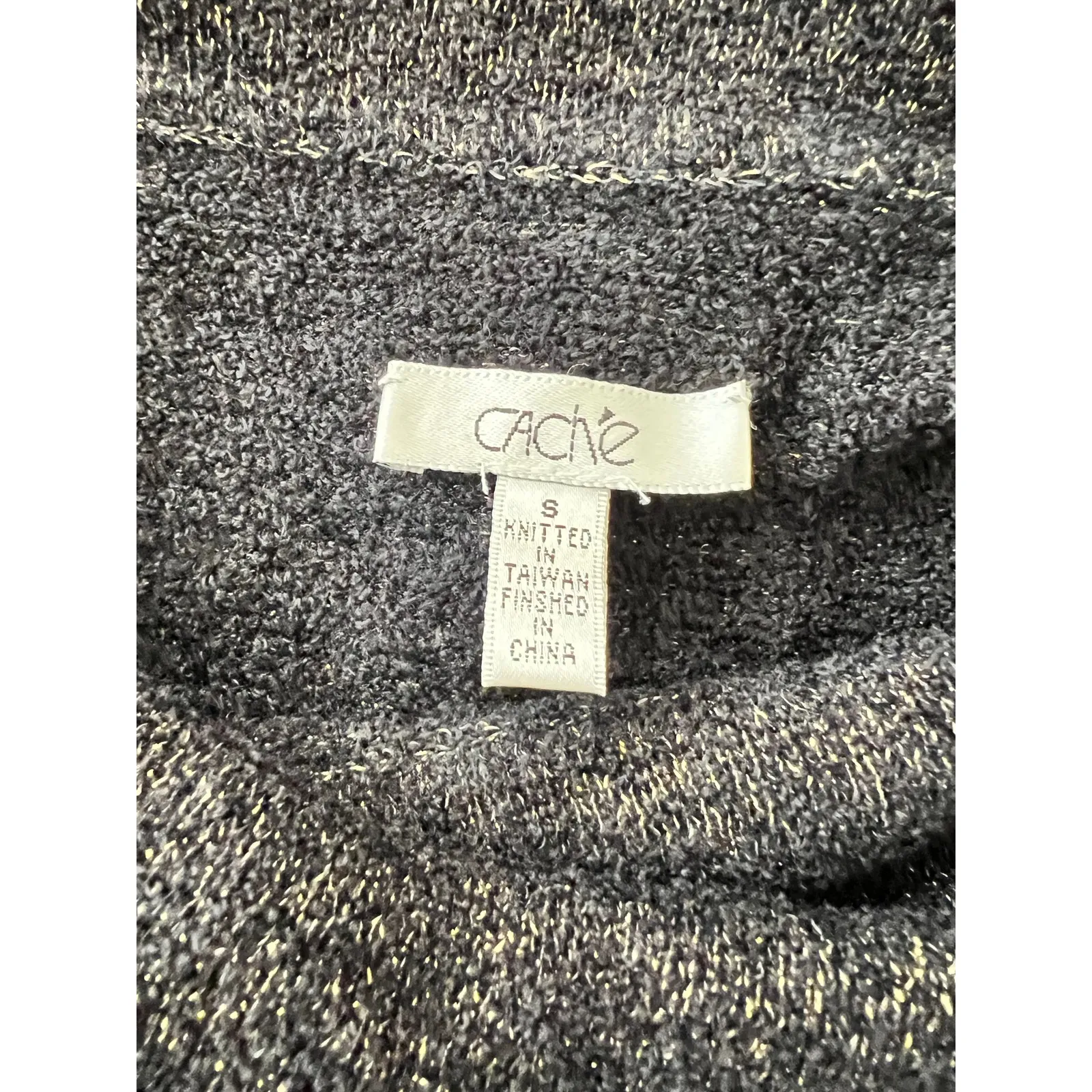 Cache  Off-Shoulder Cowl Neck Knit Metallic Sweater Small Black Gold Stretchy - Image 3