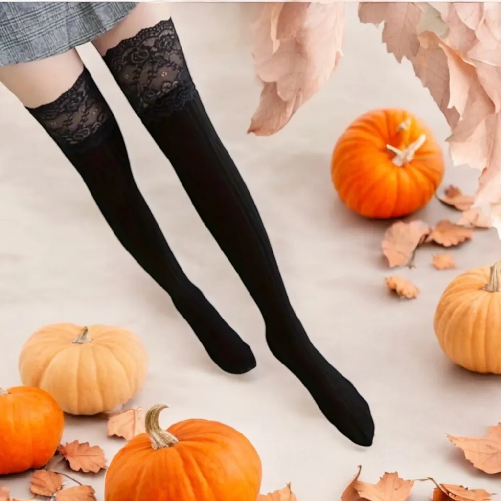 Cozy Black Lace Knee High Socks Soft Warm Over the Knee‎ Long Sleeve Stockings - Image 2