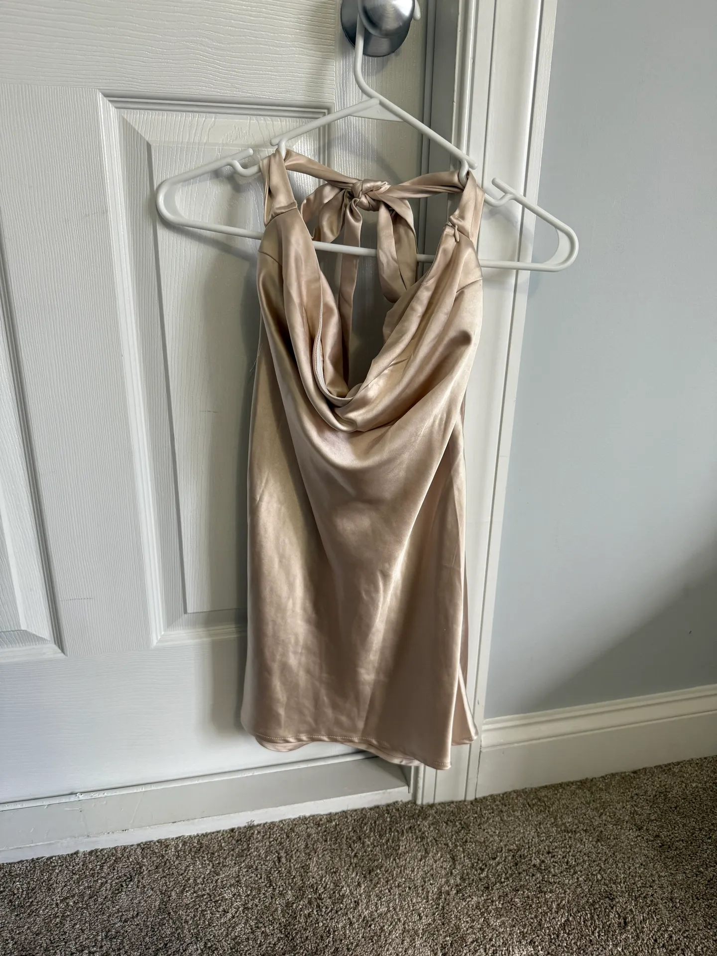 Champagne Color Silk Dress Open Back Small Gold - Image 3