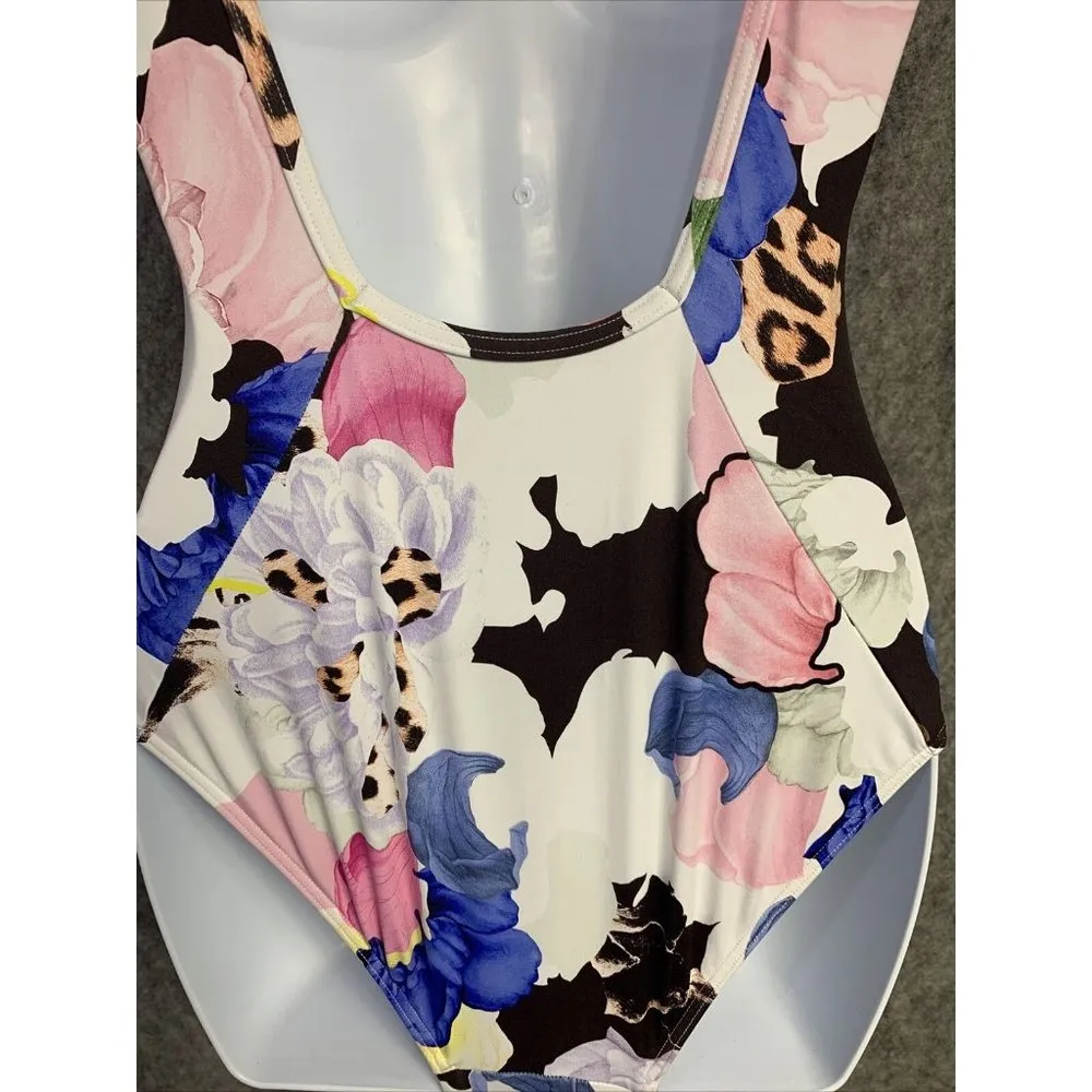 Sunseeker Swimsuit Size 4 One Piece Floral Low Cut V-Neck Sexy White Pink Blue - Image 6