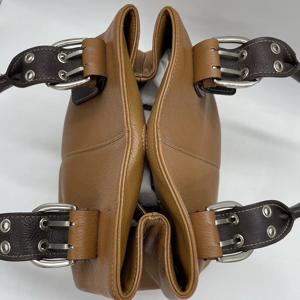 Tignanello Tan Leather Handbag Double Handle Purse Silver Buckles Magnetic Close Brown - Image 10