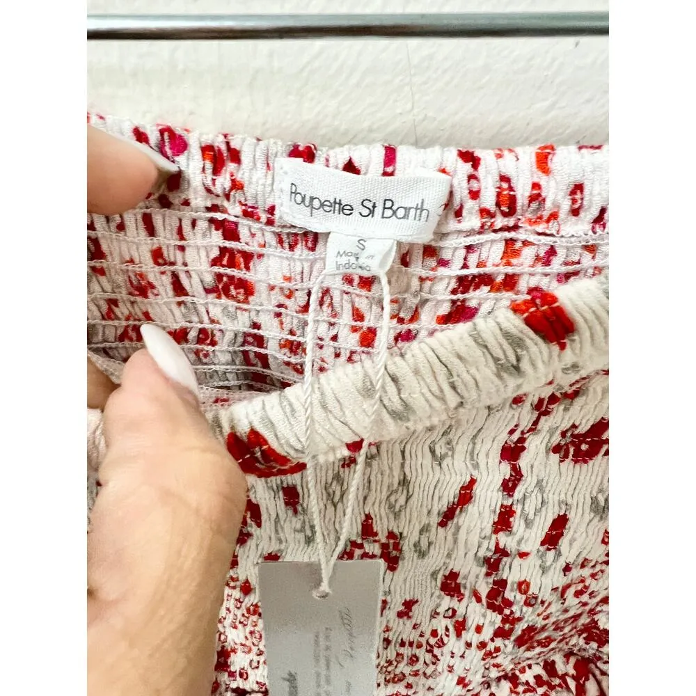 NWT Poupette St Barth Rayon Georgette Print Smocked Mini Skirt White/Red S - Image 6