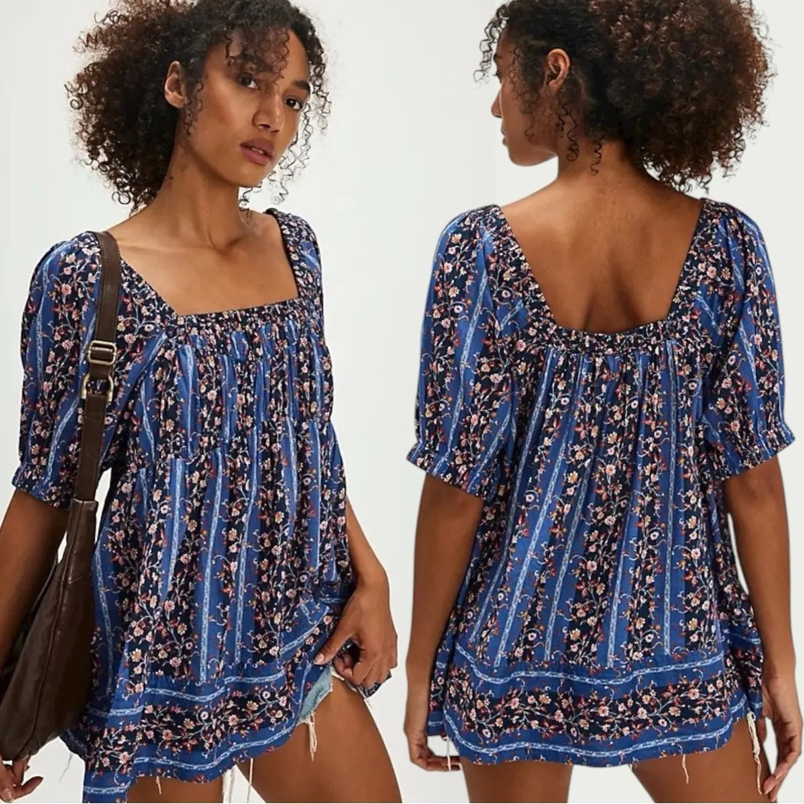 Free People Retro 70s Bohemian Vintage Lover Blouse Dutch Blue Combo Small - Image 5