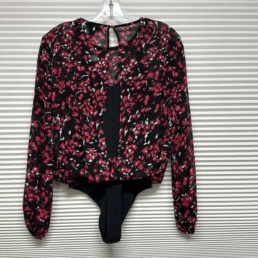 Banana Republic NWT Black Red Floral Balloon Sheer Sleeve Thong Bodysuit - Image 6