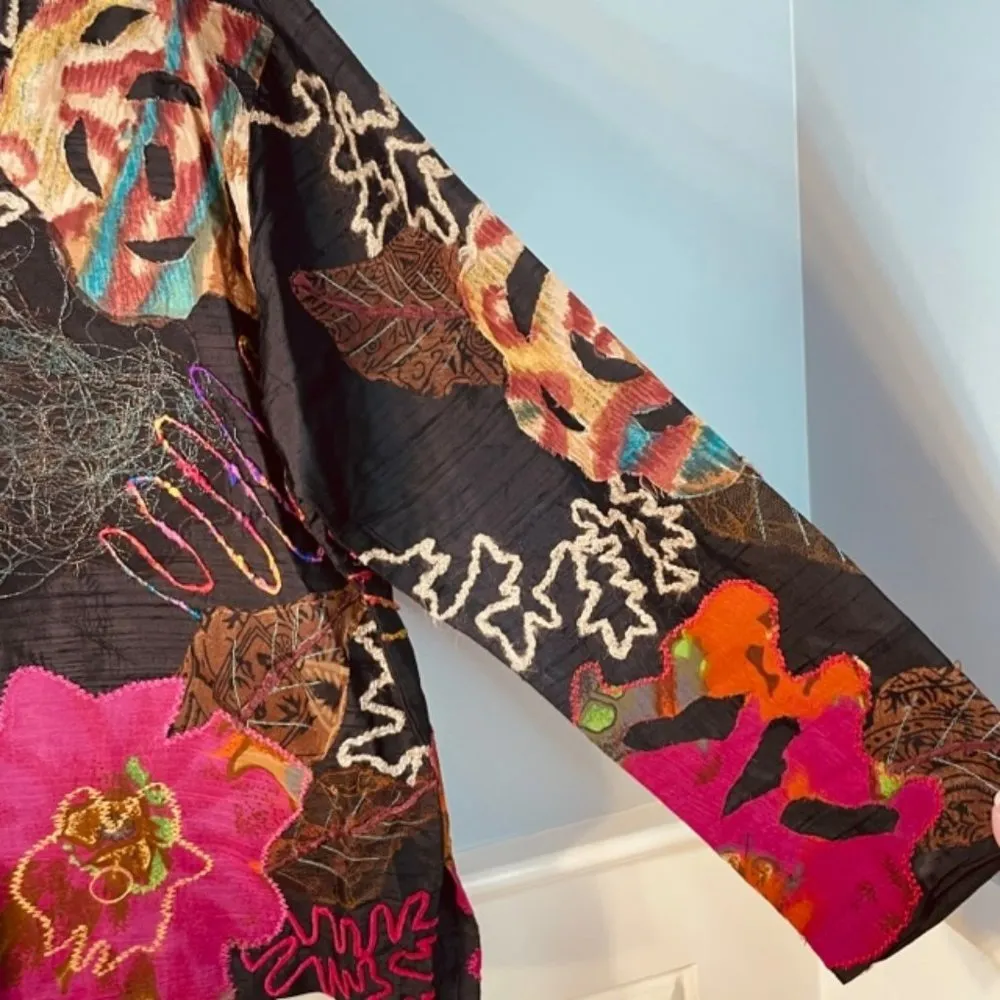 Chico's Pure Silk Embroidered Art to Wear Button Front Jacket Size L/12 - Image 3