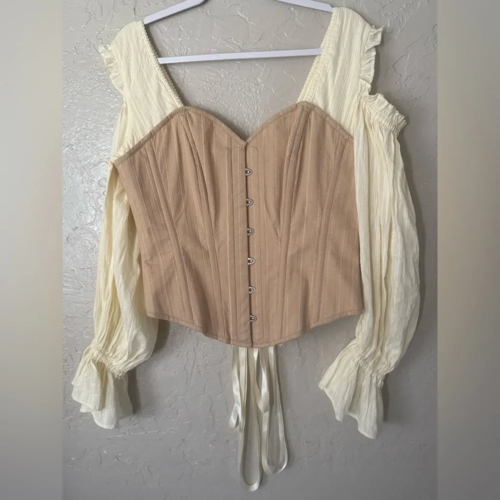 Tan & Cream Boned Corset Top Women’s Size 32 Lace Up Off Shoulder Puff Sleeves - Image 2