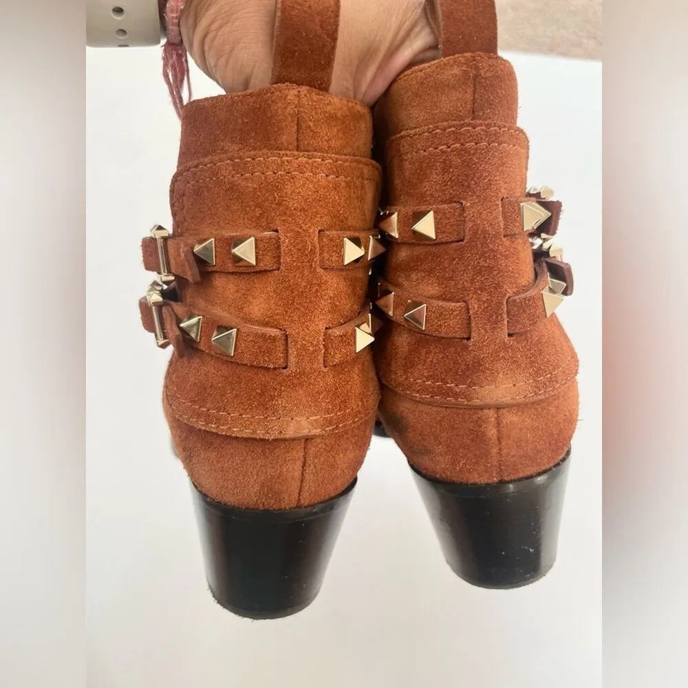 Valentino Garavani Tan Suede Rockstud Double Buckle 50mm Cowboy Ankle Boots EU38 - Image 8