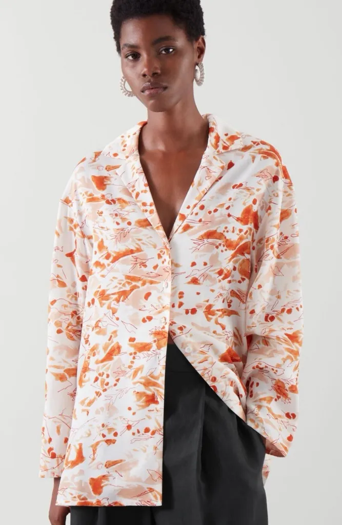 COS Relaxed Camp Collar Button Down Shirt Abstract Orange Size 10 Office Resort - Image 1